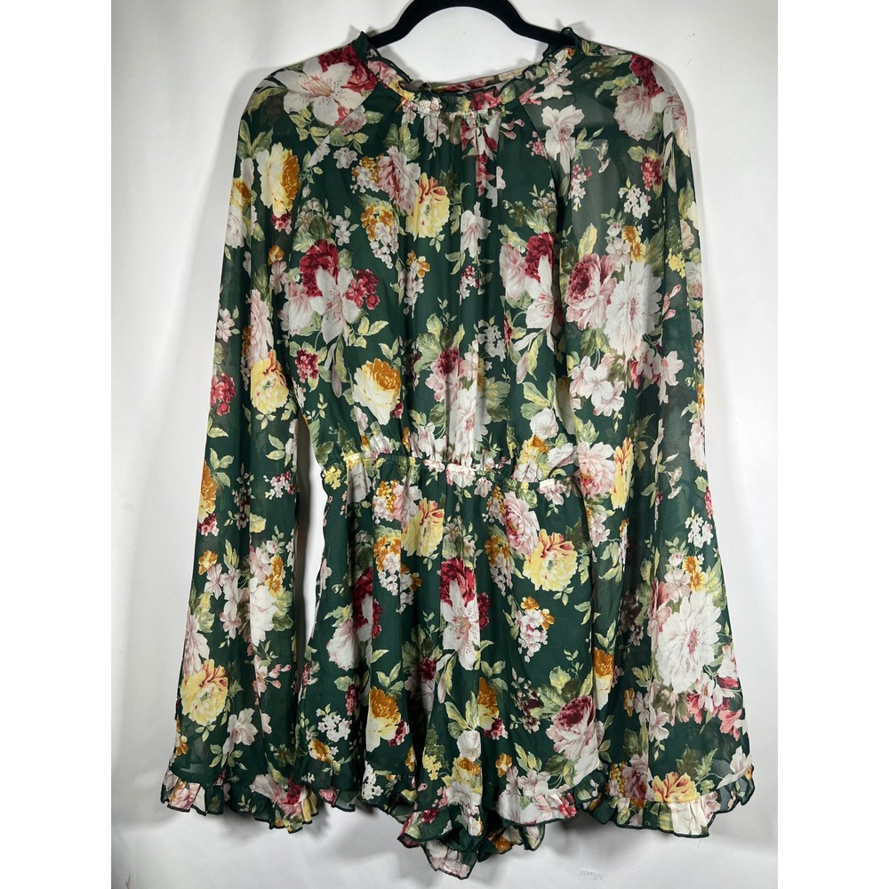 Dark Green Floral Chiffon Romper Open Back Bell Sleeve Ruffle Trim Medium